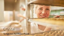  Presentation with apprentice - Presentation theme having young-woman-as-a-baker background and a coral colored foreground