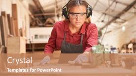  Presentation with carpenter - Beautiful presentation theme featuring young-woman-as-a-carpenter backdrop and a coral colored foreground