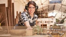  Presentation with apprentice - PPT theme consisting of young-woman-as-a-carpenter background and a coral colored foreground