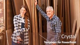  Presentation with apprentice - Amazing PPT theme having young-woman-as-a-carpenter backdrop and a tawny brown colored foreground
