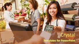  Presentation with pay - Colorful PPT layouts enhanced with young-woman-as-a-cashier backdrop and a red colored foreground