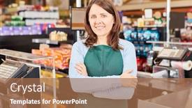  Presentation with supermarket - Colorful PPT theme enhanced with young-woman-as-a-cashier backdrop and a coral colored foreground