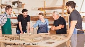  Presentation with craftsman - PPT theme consisting of young-woman-as-a-craftsman background and a coral colored foreground