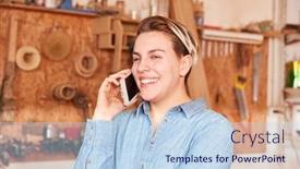  Presentation with craftsman - Cool new slide deck with young-woman-as-a-craftsman backdrop and a light blue colored foreground