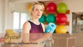  Presentation with trainer - Theme having young woman as a fitness trainer in the gym with yoga mat and water bottle background and a coral colored foreground