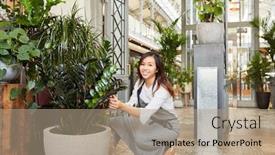  Presentation with young plant - Beautiful PPT theme featuring young-woman-as-a-florist backdrop and a coral colored foreground