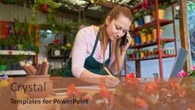  Presentation with nursery - PPT theme enhanced with young-woman-as-a-florist background and a coral colored foreground
