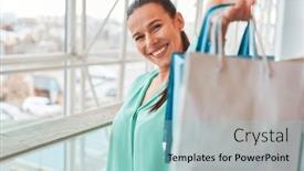  Presentation with mall - Presentation theme featuring young-woman-as-a-happy background and a light blue colored foreground