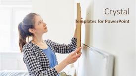  Presentation with improvement - Beautiful slide set featuring young-woman-as-a-home backdrop and a sky blue colored foreground