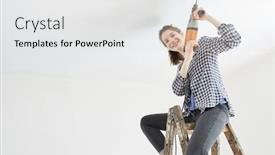  Presentation with home improvement - Cool new slide deck with young-woman-as-a-home backdrop and a light gray colored foreground