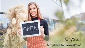  Presentation with chalk board - PPT theme with young-woman-as-a-restaurant background and a mint green colored foreground