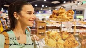  Presentation with supermarket - Slide deck consisting of young-woman-as-a-smiling background and a  colored foreground