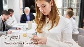  Presentation with sms - Presentation theme having young-woman-as-a-trainee background and a soft green colored foreground