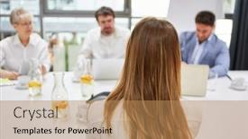  Presentation with interview - PPT layouts having young-woman-as-an-applicant background and a coral colored foreground