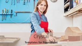  Presentation with woodworking - Amazing PPT theme having young woman as apprentice in woodworking backdrop and a lemonade colored foreground