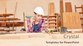  Presentation with learning - Presentation enhanced with young woman as artisan trainee is learning for an exam or is planning for a project background and a lemonade colored foreground