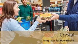  Presentation with supermarket - Slide deck enhanced with young-woman-as-cashier background and a yellow colored foreground