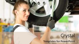  Presentation with female mechanic - Slide deck consisting of young woman as female car mechanic working on an auto in workstation background and a coral colored foreground