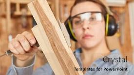  Presentation with apprentice - Slide deck enhanced with young-woman-as-joiner-apprentice background and a coral colored foreground