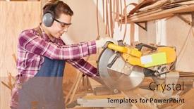  Presentation with woodworking - Cool new PPT theme with young-woman-as-joiner-trainee backdrop and a coral colored foreground