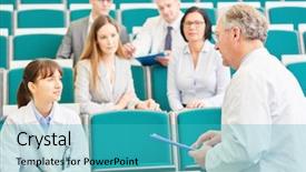  Presentation with exam - Slide set enhanced with young woman as medicine student background and a teal colored foreground