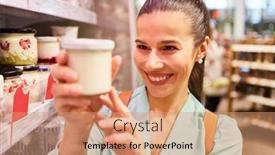  Presentation with products supermarket - Presentation theme consisting of young-woman-as-smiling-customer background and a coral colored foreground