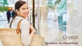  Presentation with mall - PPT theme enhanced with young-woman-as-smiling-customer background and a lemonade colored foreground