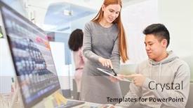  Presentation with developer - PPT layouts enhanced with young-woman-as-web-developer background and a mint green colored foreground