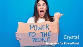  Presentation with young happy people smiling - PPT theme having young-woman-asking-for-social background and a teal colored foreground