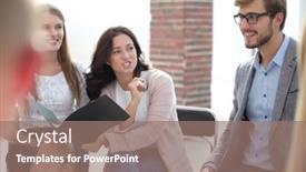  Presentation with questions - Presentation theme consisting of young-woman-asks-questions-during background and a coral colored foreground