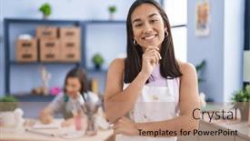  Presentation with art - Theme featuring young-woman-at-art-studio background and a coral colored foreground