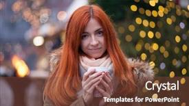  Presentation with cute christmas pug puppy dog - Cool new PPT layouts with young woman at christmas market backdrop and a  colored foreground