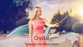  Presentation with self driving - Cool new PPT layouts with young woman at convertible car backdrop and a coral colored foreground