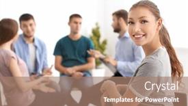 Presentation with group therapy - PPT theme enhanced with young-woman-at-group-therapy background and a coral colored foreground