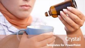  Presentation with vitamin - Audience pleasing slide deck consisting of young woman at home having flu feeling bad taking medicine vitamin drinking hot tea in bed backdrop and a coral colored foreground