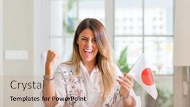  Presentation with japan flag - Presentation design having young woman at home holding flag of japan screaming proud and celebrating victory and success very excited cheering emotion background and a coral colored foreground