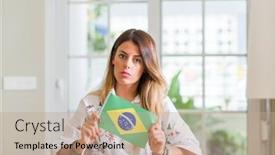  Presentation with smart home - Presentation featuring young woman at home holding flag of brazil with a confident expression on smart face thinking serious background and a coral colored foreground