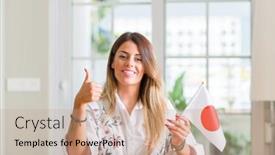  Presentation with japan flag - Presentation design consisting of young woman at home holding flag of japan happy with big smile doing ok sign thumb up with fingers excellent sign background and a coral colored foreground