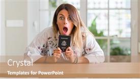  Presentation with states - Beautiful slide deck featuring young woman at home holding a passport of united states scared in shock with a surprise face afraid and excited with fear expression backdrop and a coral colored foreground