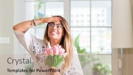  Presentation with hand holding flowers - Presentation design featuring young woman at home holding pink tulips flowers stressed with hand on head shocked with shame and surprise face angry and frustrated fear and upset for mistake background and a coral colored foreground
