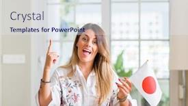 Presentation with japan flag - PPT theme enhanced with young woman at home holding flag of japan surprised with an idea or question pointing finger with happy face number one background and a sky blue colored foreground