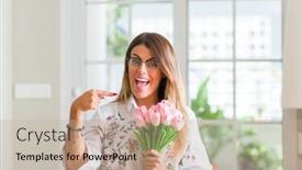  Presentation with hand holding flowers - PPT layouts with young woman at home holding pink tulips flowers very happy pointing with hand and finger background and a mint green colored foreground