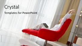  Presentation with relaxing - Presentation design with young woman at home relaxing in her lliving room reading a digital tablet pc surf internet and work background and a sky blue colored foreground