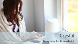  Presentation with coffee-book - PPT layouts featuring young-woman-at-home-sitting background and a sky blue colored foreground