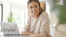  Presentation with laptop - PPT layouts featuring young-woman-at-home-websurfing background and a coral colored foreground