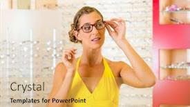  Presentation with salesperson - Beautiful PPT layouts featuring young-woman-at-optician backdrop and a yellow colored foreground