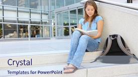  Presentation with young children at school - Theme with young woman at school library background and a  colored foreground