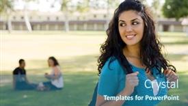  Presentation with backpack - Presentation theme enhanced with young woman at school with a backpack background and a ocean colored foreground