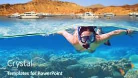  Presentation with tropical - PPT theme having young woman at snorkeling in the tropical water background and a ocean colored foreground