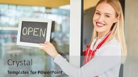  Presentation with bistro - Presentation enhanced with young-woman-at-the-opening background and a light gray colored foreground